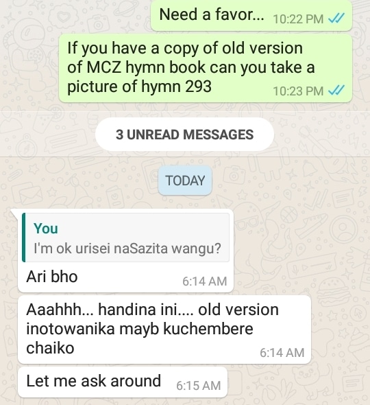 WhatsApp message asking for hymn 293